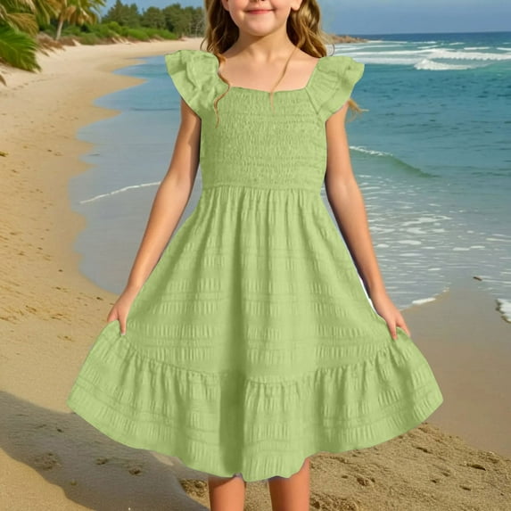 Kid Girl Dresses Ruffled Sleeve A-Line Tiered Swing Summer Light Green Dress Girls Birthday Dresses For Girls Girls' Special Occasion Dresses