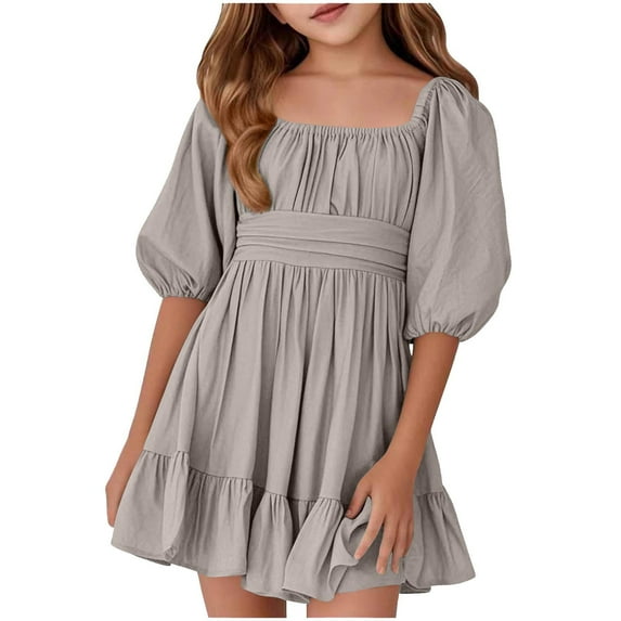 Kid Girl Dresses Short Sleeve A-Line Tiered Swing Cotton Grey Dress Girls Birthday Dress Sun Dresses Fancy Dress