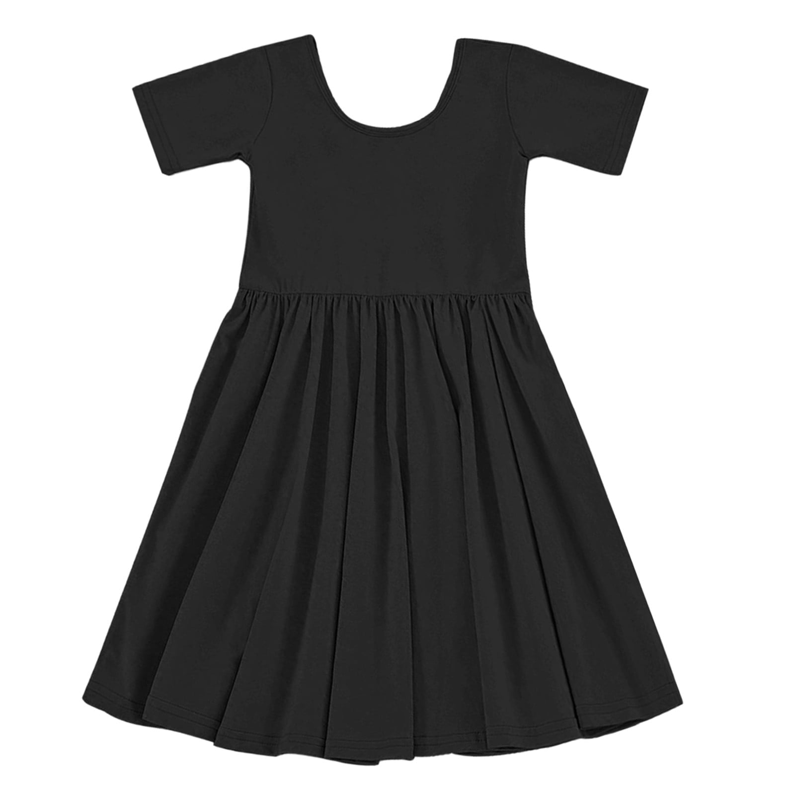 Kid Girl Dresses Short Sleeve A-Line Tiered Swing Cotton Black Dress ...