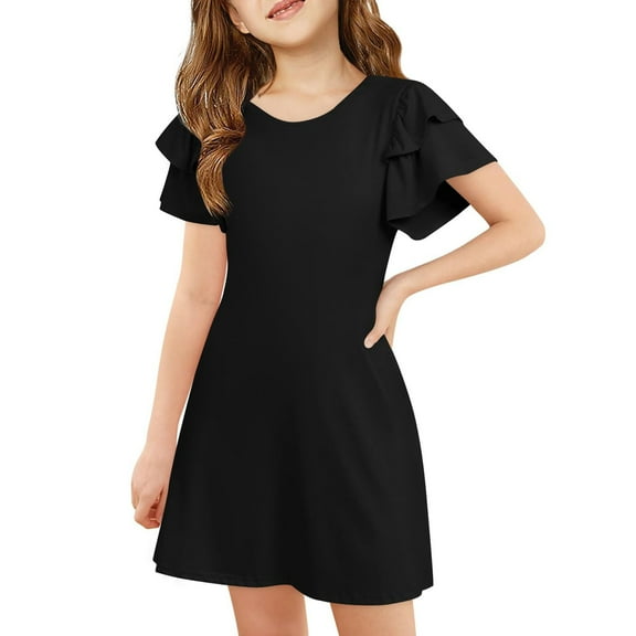 Kid Girl Dresses Short Sleeve A-Line Tiered Swing Summer Black Dresses For Girls Birthday Dress Girls Fancy Dress