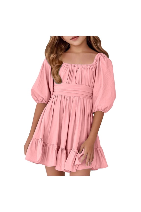 Kid Girl Dress Short Sleeve Tiered Swing A-Line Cotton Pink Dress For Girls Birthday Dress Rainbow Dress