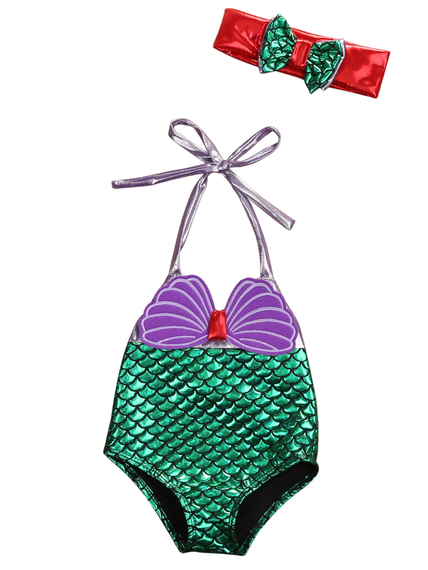 Kid Girl One Piece Bikini Shellfish Scale Mermaid Print Lace-up 
