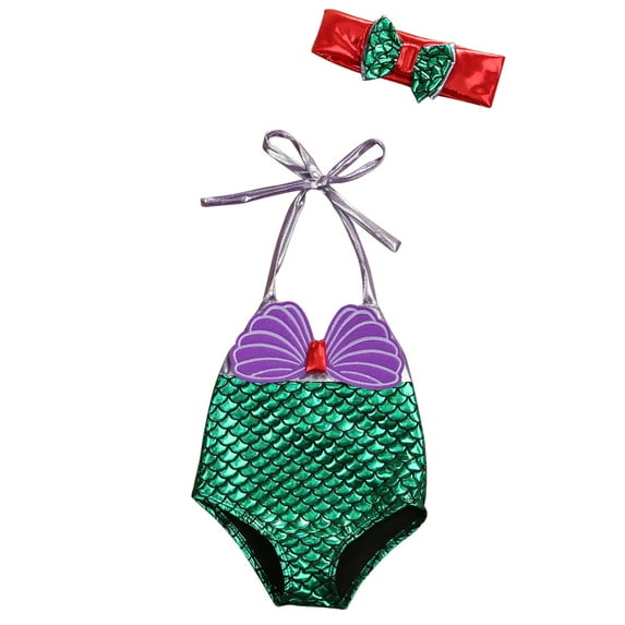Kid Girl One Piece Bikini Shellfish Scale Mermaid Print Lace-up Swimwear+Headwear