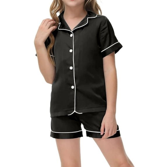 Kid Girl Satin Pajamas Set Button Down Tops with Shorts Girls Pajamas Pj for Girls 6-7 Years