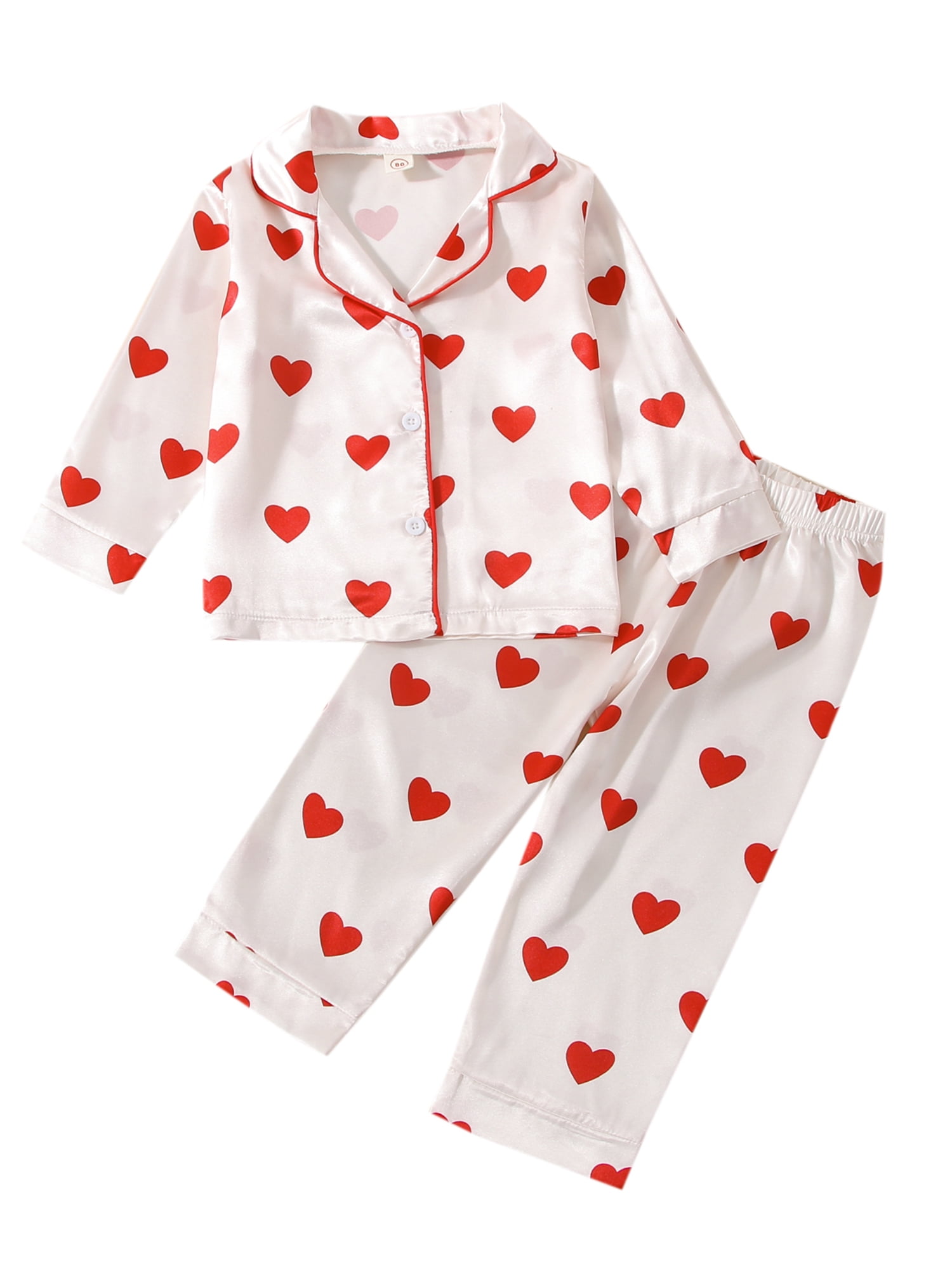 Kid Girl Valentine Pajamas Sets Heart Print Long Sleeve Lapel Neck ...