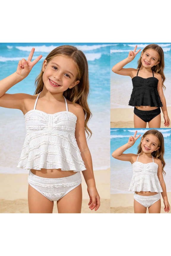Kid Girl's Ruffle Two Piece Swimsuit Halter Strap Tiered Ruffle Tankini Top High Cut Bikini Bottom Beach Bathing Suit