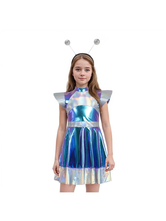 Kid Girls Alien Fancy Dress Outer Space Man Roleplay Outfits Metallic Dress with Hair