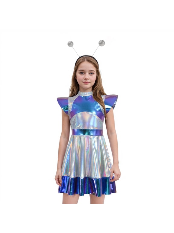 Kid Girls Alien Fancy Dress Outer Space Man Roleplay Outfits Metallic Dress with Hair
