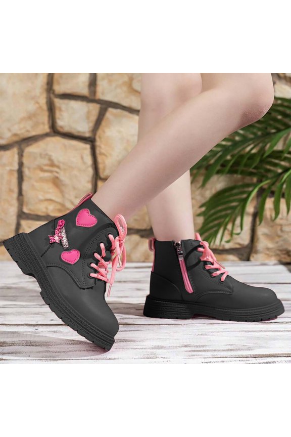 Kid Girls Ankle Boots Platform Lace Up Comfortable Wide Toe Box Heart Patch Combat Booties with Side Zipper