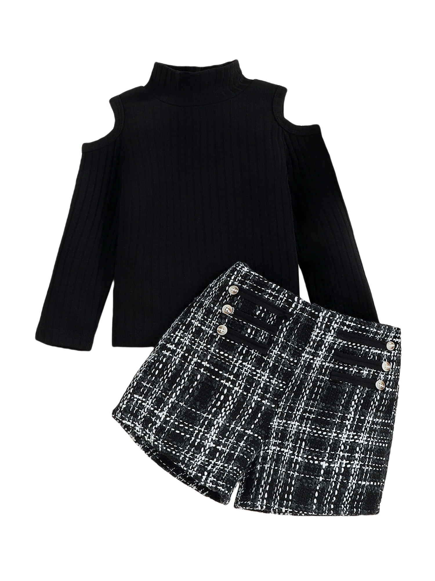 Ribbed Round Neck Pullover and Shorts Set in Black