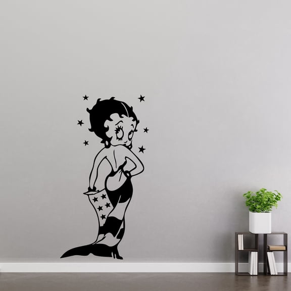 Kid Girls Bedroom Betty Boop Cartoon Character Icon with American Flag Dress Wall Decal | 20" x 31" Vinyl Adhesive Home Art Decor Design Living Room Removable Nan McGrew Sticker Decoration - Black