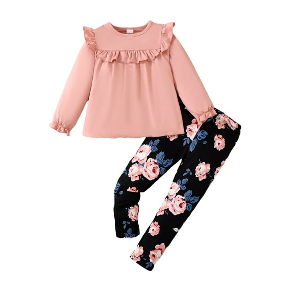 Kid Girls Casual Outfits Lotus Leaf Collar Shirt Floral Print Pants Set 2Pcs Fall Winter Clothing From 4-7Y Pink