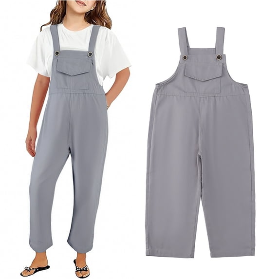 Kid Girls Casual Sleeveless Jumpsuits Casual School Romper Grey Romper with Pockets for Daily Wear Kids Jumpsuit for Girls 7-8 Years