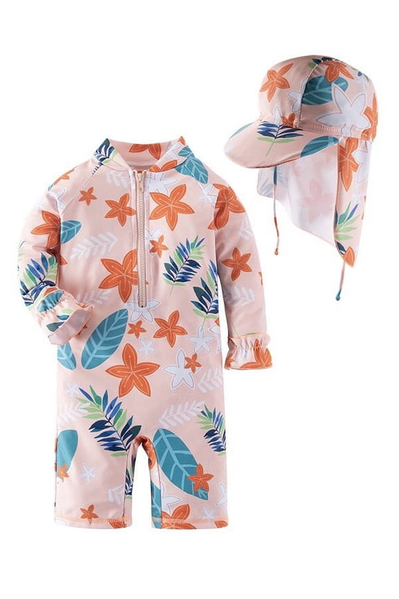Kid Girls Chic Rash Guard Swimsuit Coral Flowers and Leaves Pool Party Swim Wear Beach Bathing Suit