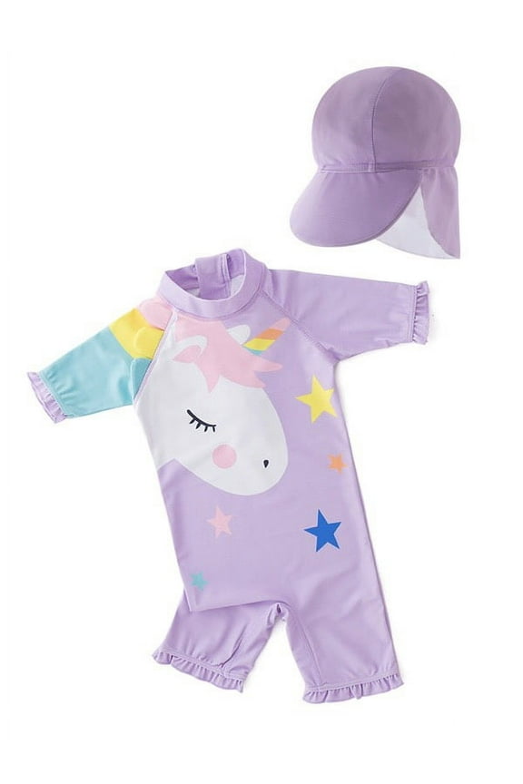 Kid Girls Chic Rash Guard Swimsuit Light Purple Unicorn Pool Party Swim Wear Beach Bathing Suit