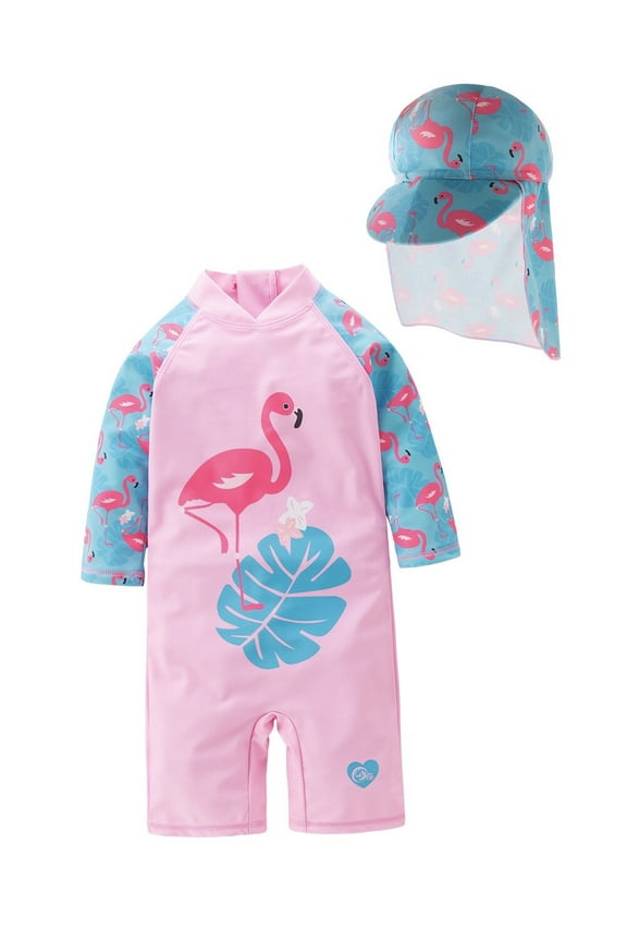 Kid Girls Chic Rash Guard Swimsuit Pink Flamingo Pool Party Swim Wear Beach Bathing Suit