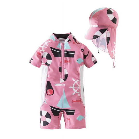 Kid Girls Chic Rash Guard Swimsuit Pink Sailboat Pool Party Swim Wear Beach Bathing Suit