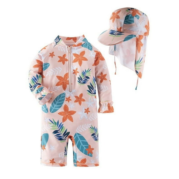 Kid Girls Chic Rash Guard Swimsuit Pool Party Swim Wear Beach Bathing Suit (Coral Flowers and Leaves, 3T)