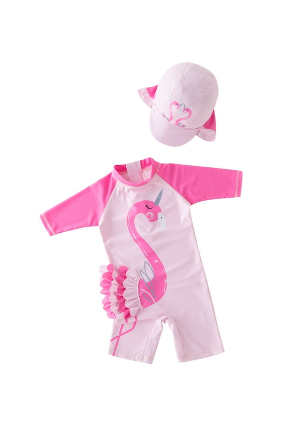 Kid Girls Chic Rash Guard Swimsuit Pool Party Swim Wear Beach Bathing Suit (Pink Swans, 3T)