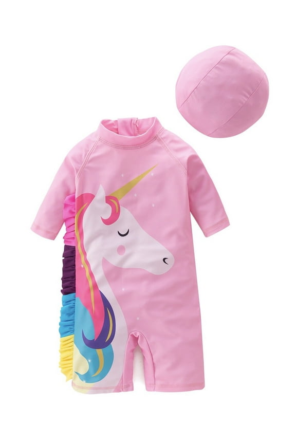 Kid Girls Chic Rash Guard Swimsuit Pool Party Swim Wear Beach Bathing Suit (Pink Unicorn, 3T)
