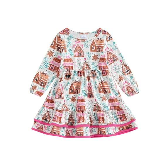 Kid Girls Christmas Gingerbread House Ruffle Dress Long Sleeve Round Neck Layered Xmas Dress