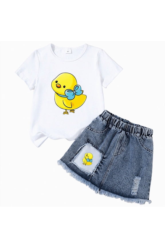 Kid Girls Clothes Outfits Cute Cartoon Print T-Shirt + Bowknot Denim Short Summer Girls Clothing Set
