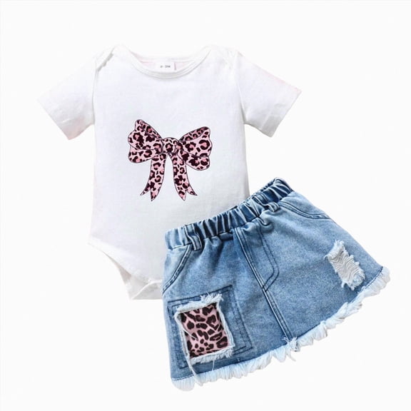 Kid Girls Clothes Outfits Cute Sweet Bowknot Print T-Shirt + Bowknot 2 In 1 Denim Short Summer Clothing Set