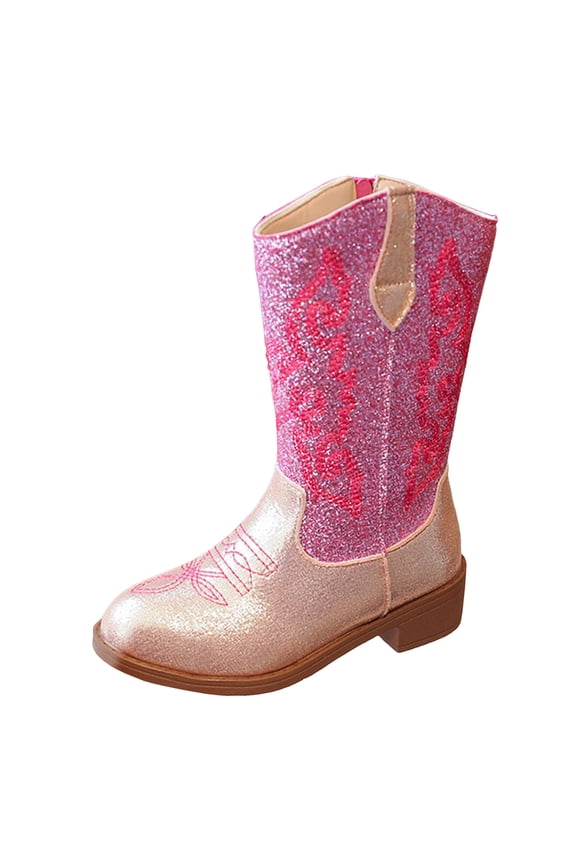 Kid Girls Cowboy Boots Glitter Sequins Wide Calf Pointed Toe Knee High Booties with Side Zipper