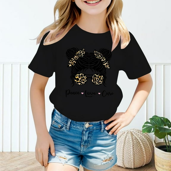 Kid Girls Cute Girls Cartoon Graphic Crew Neck Short Sleeve Tee Summer Casual T Shirt Black,5-6 Years