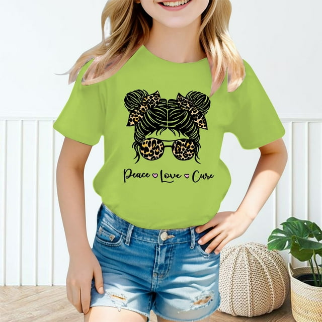 Kid Girls Cute Girls Cartoon Graphic Crew Neck Short Sleeve Tee Summer Casual T Shirt Light Green,7-8 Years