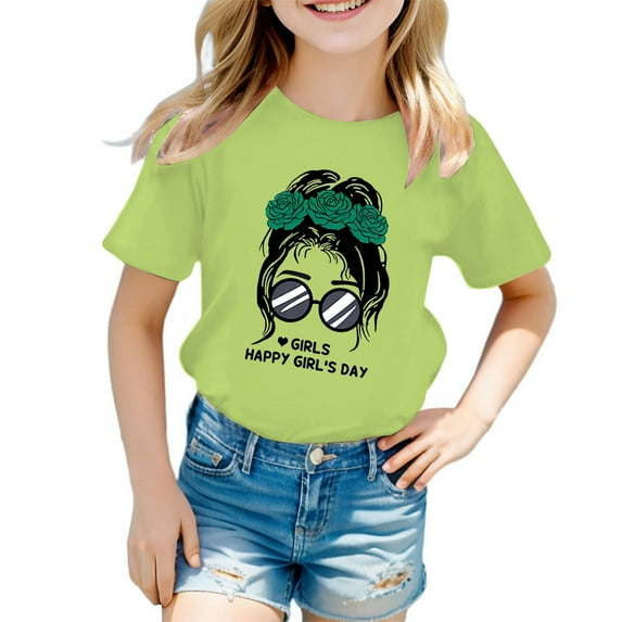 Kid Girls Cute Graphic Printed Round Neck Short Sleeve Tee Summer Casual T Shirt Tops,Size 7 Years-8 Years