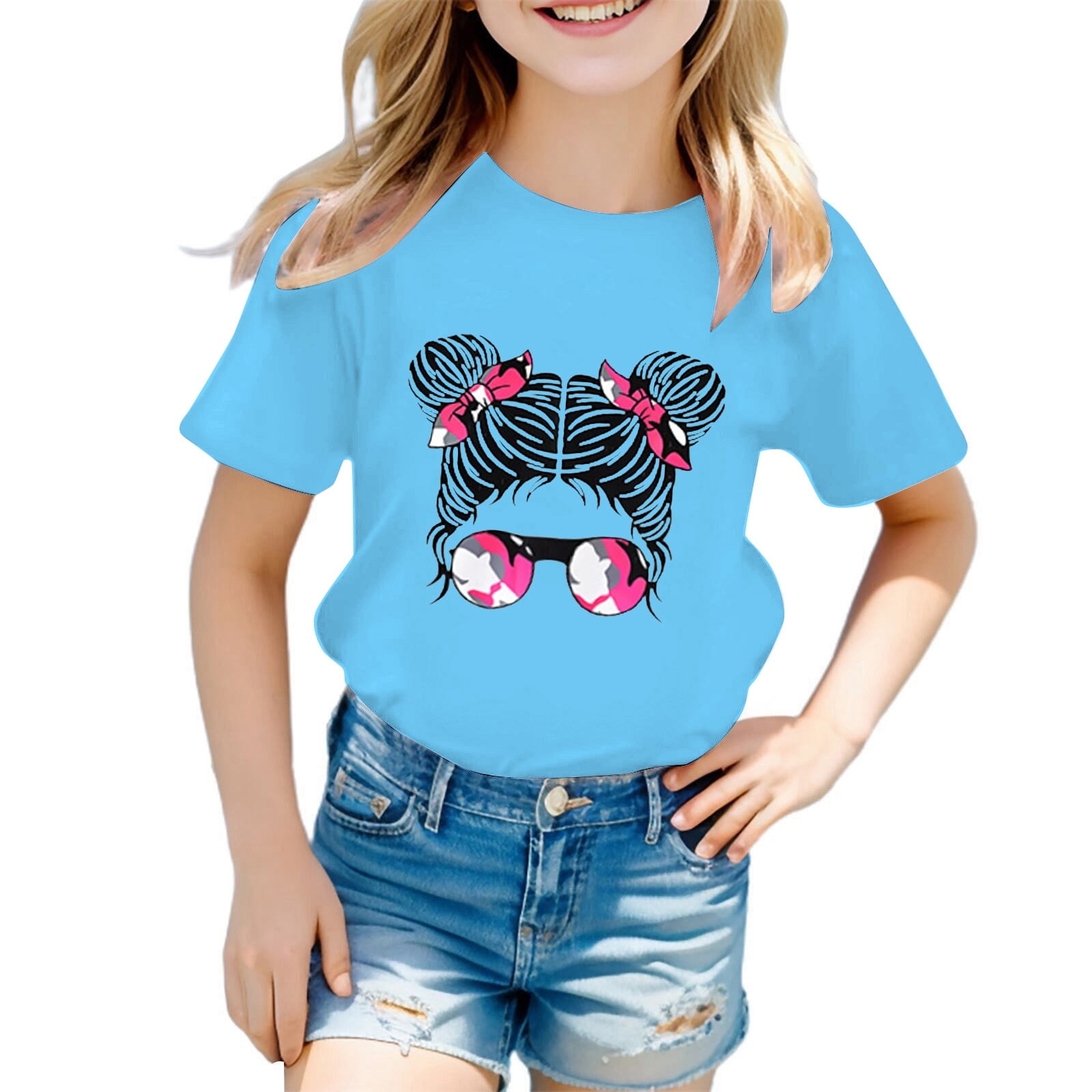 Kid Girls Cute Print Graphic Round Neck Short Sleeve Tee Summer Casual ...