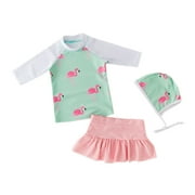 Kid Girls Flamingo Chic Rash Guard Swimsuit Pool Party Swimwear Beach Bathing Suit - Green / 3T