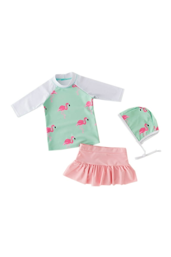 Kid Girls Flamingo Chic Rash Guard Swimsuit Pool Party Swimwear Beach Bathing Suit - Green / 3T