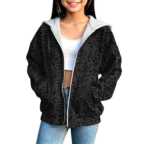 Kid Girls Full Zip Hooded Sweatshirt Trendy Leopard Print Long Sleeve Hoodie Jacket with Pockets Soft Casual Outer Coat for Girls Black