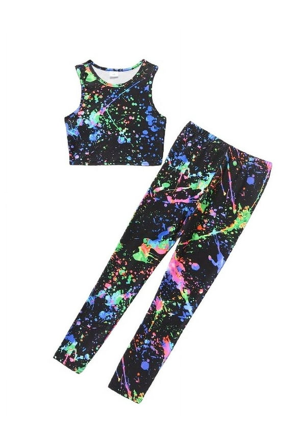 Kid Girls Glow-In-The-Dark Splash Ink 2-Piece Set, Tank Top and Jogger Pants Set Clothes, As Gift