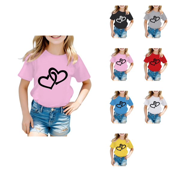 Kid Girls Graphic Tee Shirt, Short Sleeve, Round Neck, Casual Preppy Style, Summer Tops