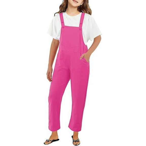 Kid Girls Jumpsuit Sleeveless Comfortable Pink Overalls with Side Pockets Spring Fall Romper Girls Overalls Size 7-8 Years