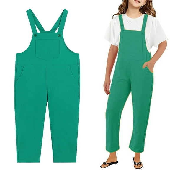 Kid Girls Jumpsuit Sleeveless Stylish Green Overalls with Side Pockets for Outdoor Activities Girls Clothes Size 7-8 Years