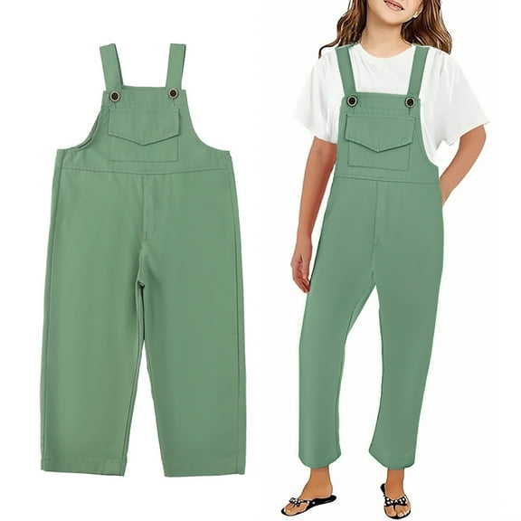 Kid Girls Jumpsuits Overalls Casual School Romper Green Rompers with Pockets for Outdoor Activities Cute Summer Clothes for Girls 11-12 Years