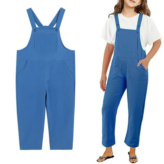 Kid Girls Jumpsuits Rompers Comfortable Blue Overalls with Side Pockets Spring Fall Romper Girls Overalls 7-8 Years