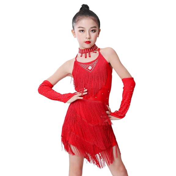 Kid Girls Latin Dance Dress Outfits Sequin Dress Salsa Dress Fringe Latin Dress Performance Show Tassel Dress Sets 9-10