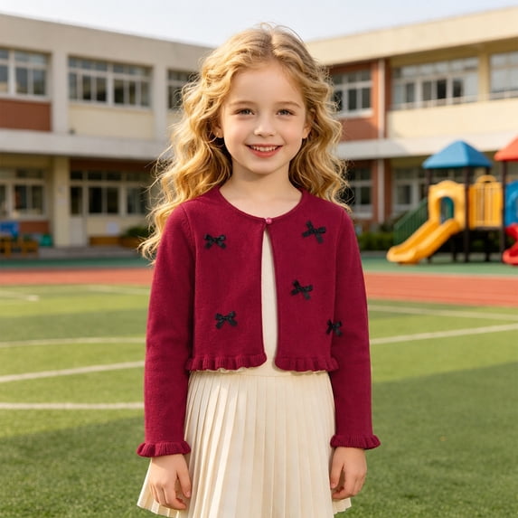 Kid Girls Long Sleeve Bolero Shrug Cute Print Long Sleeve Cropped Single-Button Sweater Cardigan (H01-)