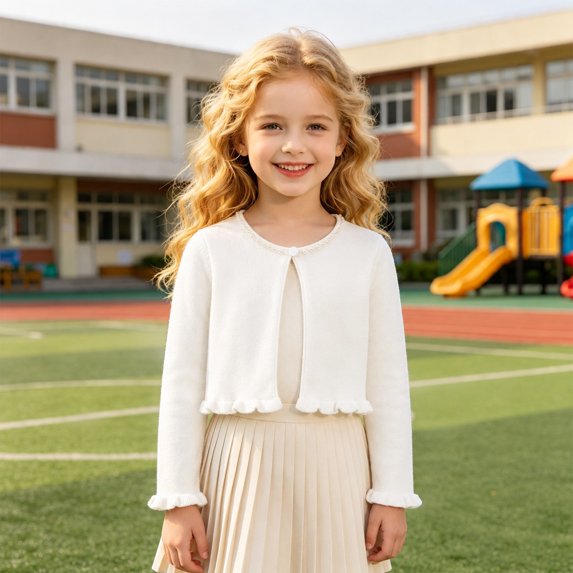 Kid Girls Long Sleeve Bolero Shrug Cute Print Long Sleeve Cropped Single-Button Sweater Cardigan (H04-White)