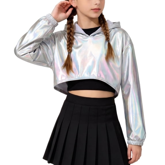 Kid Girls Metal Cropped Hoodie Y2k Glitter Hooded Sweatshirt Shiny Pullover