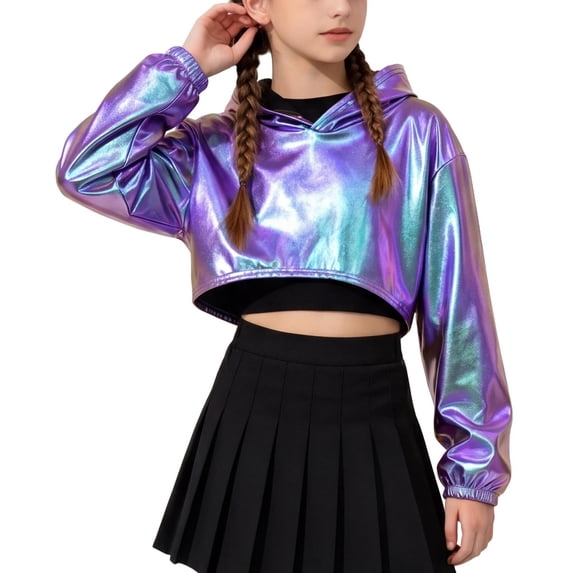 Kid Girls Metal Cropped Hoodie Y2k Glitter Hooded Sweatshirt Shiny Pullover