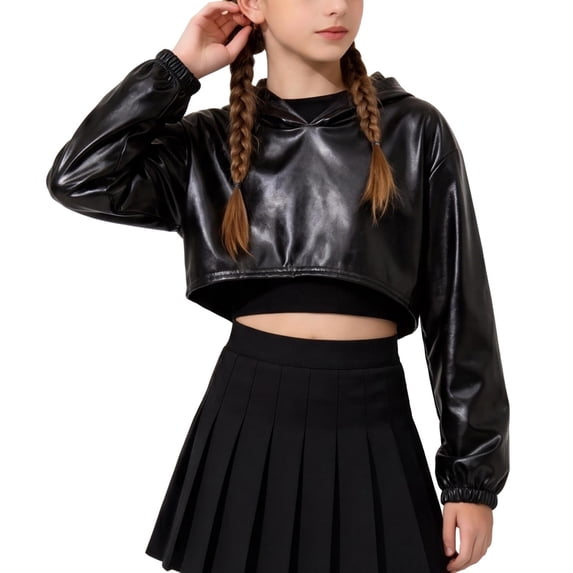 Kid Girls Metal Cropped Hoodie Y2k Glitter Hooded Sweatshirt Shiny Pullover