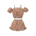 thumbnail image 1 of Kid Girls Outfits Sets Daisy Printed Cold Shoulder Short Sleeve Sling Tops Ruffle Shorts Set, 1 of 9