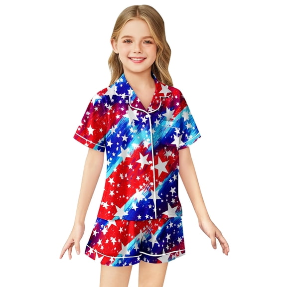 Kid Girls Pajama Set Star Button Down Solid Tops T Shirt Set Casual Pajamas Set Pajamas For Kids 8-9 Years