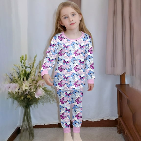 Kid Girls Pajamas Set Butterfly Crewneck Top Trousers Summer Pjs Sleepwear Outfits Boys Pjs Size 7-8 Years
